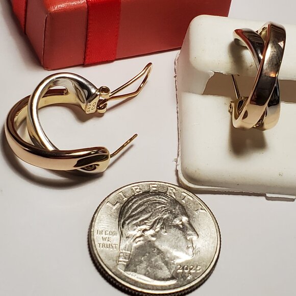 Estate Crossover 2Bar 14Kt 2Tone Omega Back 3/4" Diameter Hoop Earrings #23143 - Picture 4 of 5